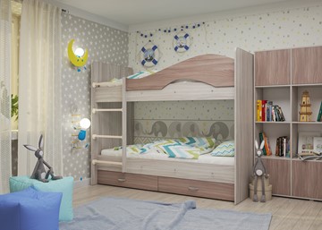 Детская 2-этажная кровать Мая с 2 ящиками на щитах, корпус Шимо светлый, фасад Шимо темный в Пензе