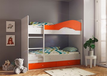 Двухэтажная детская кровать Мая с 2 ящиками на щитах, корпус Млечный дуб, фасад Оранжевый в Пензе
