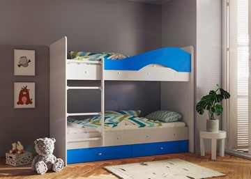 Детская двухъярусная кровать Мая с 2 ящиками на щитах, корпус Млечный дуб, фасад Синий в Пензе