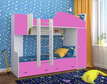 Детская кровать-шкаф Юниор-2, каркас Белое дерево, фасад Розовый в Пензе