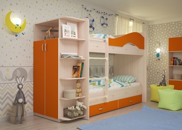 Кровать 2-ярусная ТМК Мая на щитах со шкафом и ящиками, корпус Млечный дуб, фасад Оранжевый в Пензе