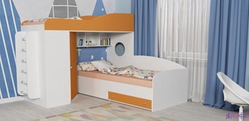 Детская кровать-чердак Кадет-2 с металлической лестницей, корпус Белое дерево, фасад Оранжевый в Пензе
