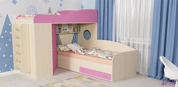 Кровать-чердак детская Кадет-2 с металлической лестницей, корпус Дуб, фасад Розовый в Пензе