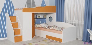 Детская кровать-чердак Кадет-2 с универсальной лестницей, корпус Белое дерево, фасад Оранжевый в Пензе