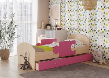 Кровать детская с бортиками и ящиком Мозайка, корпус Млечный дуб/фасад Розовый (ламели) в Пензе