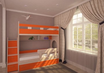 Детская 2-х ярусная кровать Ярофф Юниор-1 с бортом, каркас Дуб, фасад Оранжевый в Пензе