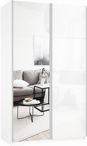 Шкаф 2-х дверный Прайм (Зеркало/Белое стекло) 1600x570x2300, белый снег в Пензе