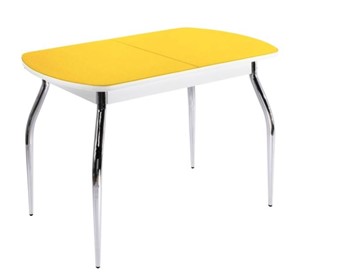 Кухонный стол раздвижной ПГ-07 СТ2, белое/желтое стекло/35 хром гнутые металл в Пензе