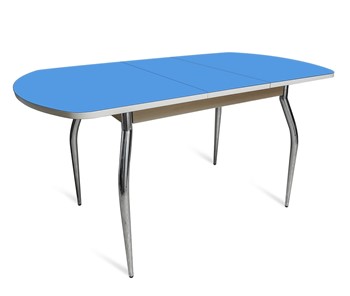 Обеденный раздвижной стол ПГ-02 СТ2, дуб молочный/синие стекло/35 хром гнутые металл в Пензе