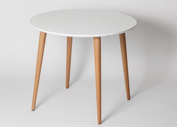Кухонный раздвижной круглый стол Белая Эмаль д. 100 см МДФ ножки светлый орех в Пензе