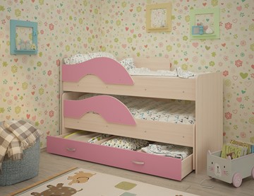 Детская 2-этажная кровать Радуга 1.6 с ящиком, корпус Млечный дуб, фасад Розовый в Пензе