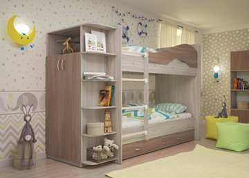 Двухэтажная кровать Мая на щитах со шкафом и ящиками, корпус Шимо светлый, фасад Шимо темный в Пензе - предосмотр