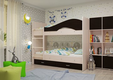 Детская  двухъярусная кровать Мая с 2 ящиками на щитах, корпус Млечный дуб, фасад Венге в Пензе - предосмотр 1