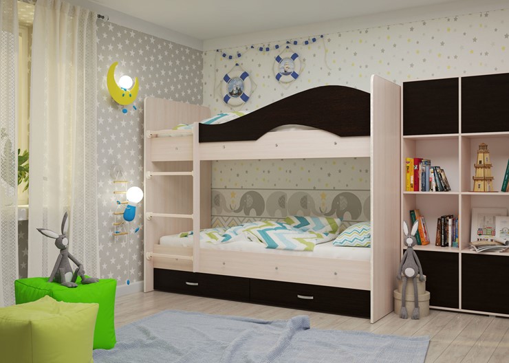 Детская  двухъярусная кровать Мая с 2 ящиками на щитах, корпус Млечный дуб, фасад Венге в Пензе - изображение 1