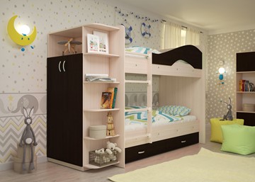Детская  двухъярусная кровать Мая с 2 ящиками на щитах, корпус Млечный дуб, фасад Венге в Пензе - предосмотр 2