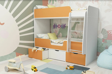 Детская 2-х ярусная кровать Малыш двойняшка 70х160, корпус Белое дерево, фасад Оранжевый в Пензе