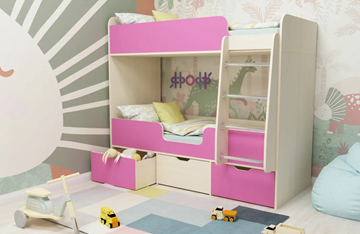 Двухэтажная кровать Малыш двойняшка 70х160, корпус Дуб молочный, фасад Розовый в Пензе