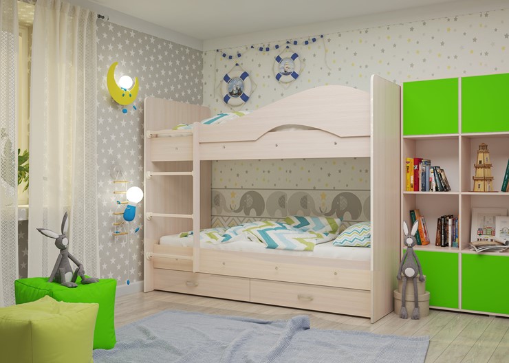 Кровать двухъярусная Мая на щитах со шкафом и ящиками, цвет Млечный дуб в Пензе - изображение 1