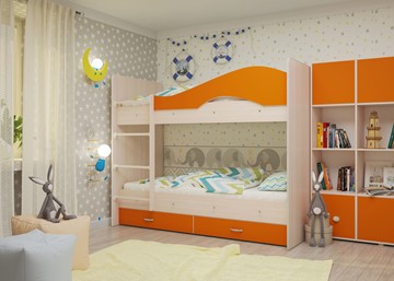 Двухэтажная детская кровать Мая с 2 ящиками на щитах, корпус Млечный дуб, фасад Оранжевый в Пензе - предосмотр 3