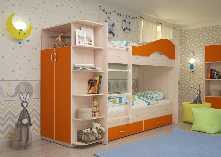 Двухэтажная детская кровать Мая с 2 ящиками на щитах, корпус Млечный дуб, фасад Оранжевый в Пензе - изображение 1