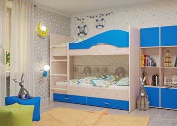 Детская двухъярусная кровать Мая с 2 ящиками на щитах, корпус Млечный дуб, фасад Синий в Пензе - предосмотр 3