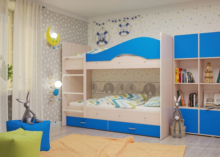 Детская двухъярусная кровать Мая с 2 ящиками на щитах, корпус Млечный дуб, фасад Синий в Пензе - изображение 3