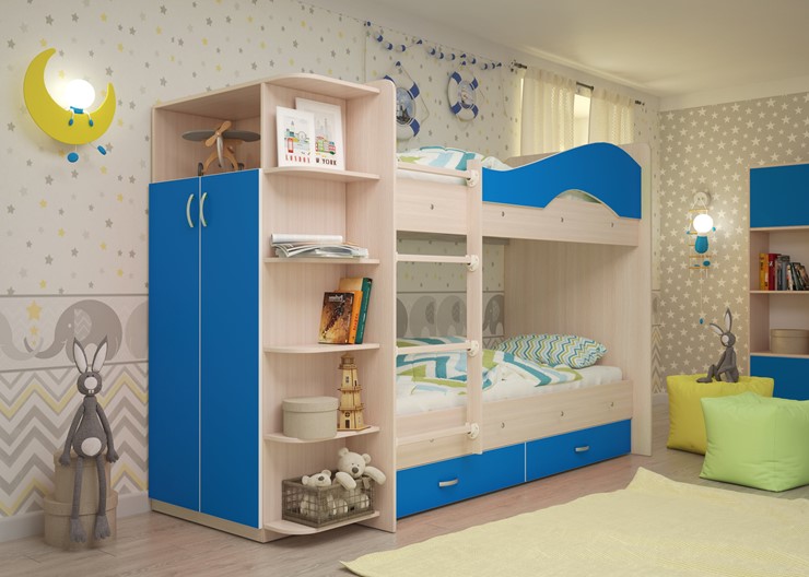 Детская двухъярусная кровать Мая с 2 ящиками на щитах, корпус Млечный дуб, фасад Синий в Пензе - изображение 1