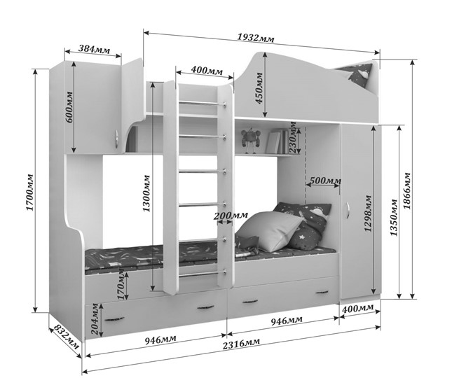 Кровать 2-ярусная Юниор-2, каркас Белое дерево, фасад Лайм в Пензе - изображение 1