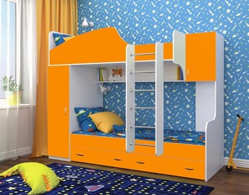 Двухэтажная детская кровать Юниор-2, каркас Белое дерево, фасад Оранжевый в Пензе