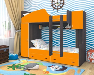 Детская 2-ярусная кровать Юниор-2, каркас Ясень анкор темный, фасад Оранжевый в Пензе
