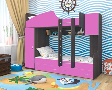 Двухэтажная детская кровать Юниор-2, каркас Ясень анкор темный, фасад Розовый в Пензе