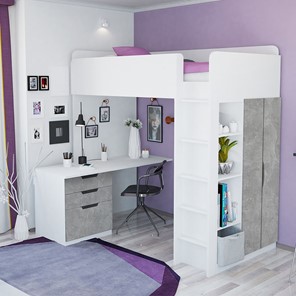 Кровать-чердак с письменным столом и шкафом POLINI Kids Simple Белый / Бетон в Пензе - предосмотр 1