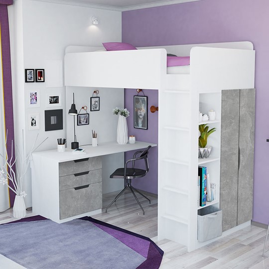 Кровать-чердак с письменным столом и шкафом POLINI Kids Simple Белый / Бетон в Пензе - изображение 1