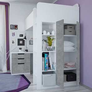 Кровать-чердак с письменным столом и шкафом POLINI Kids Simple Белый / Бетон в Пензе - предосмотр 2