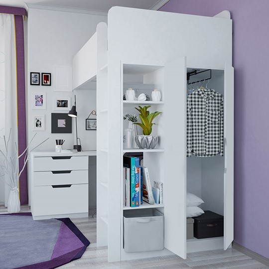 Кровать-чердак с письменным столом и шкафом POLINI Kids Simple Белый в Пензе - изображение 3