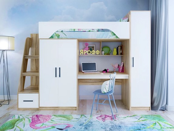 Кровать-чердак с шкафом Тея, каркас Ясень, фасад Белый в Пензе - изображение