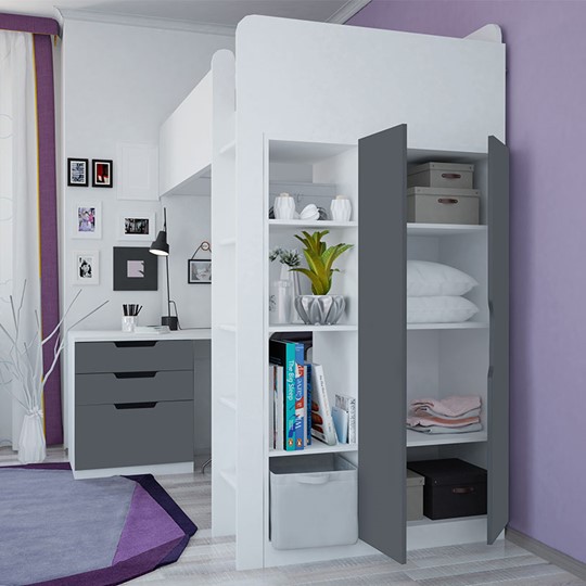 Кровать 2-х ярусная с письменным столом и шкафом POLINI Kids Simple Белый / Серый в Пензе - изображение 1