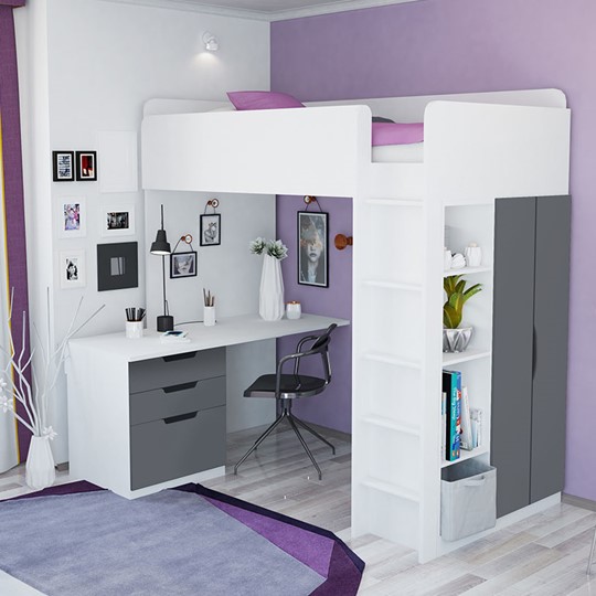 Кровать 2-х ярусная с письменным столом и шкафом POLINI Kids Simple Белый / Серый в Пензе - изображение 3