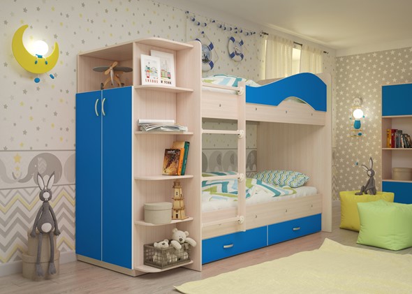 Детская двухэтажная кровать Мая на щитах со шкафом и ящиками, корпус Млечный дуб, фасад Синий в Пензе - изображение