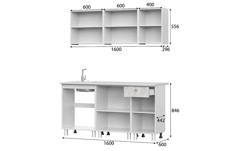 Гарнитур на кухню КГ-1 1600, белый/белый/цемент светлый/антарес в Пензе - изображение 2