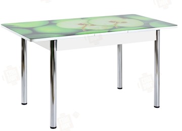 Кухонный стол раздвижной Айсберг-02 СТФ, белое лдсп/зеленые яблоки/ноги хром прямые в Пензе