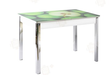 Обеденный раздвижной стол Айсберг-01 СТФ, белый/фотопечать зеленые яблоки/ноги хром квадратные в Пензе