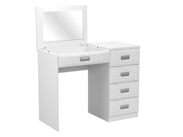 Косметический столик Como/Veda, с зеркалом, 4 ящика, правый, ЛДСП белый/Экокожа кайман белый в Пензе