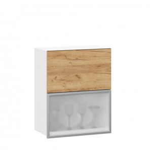 Навесной кухонный шкаф 600 горизонтальный Шервуд, ЛД 281.971.000.135, со стеклом, белый/дуб золотой в Пензе