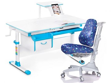 Комплект растущая парта + стул Mealux Mealux EVO Evo-40 BL (арт. Evo-40 BL + Y-528 F) / (стол+полка+кресло) / белая столешница / цвет пластика голубой в Пензе