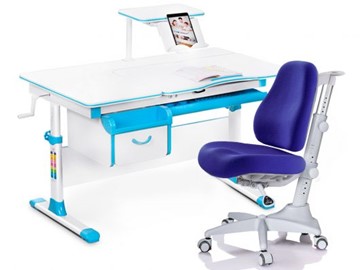 Комплект растущая парта + стул Mealux EVO Evo-40 BL (арт. Evo-40 BL + Y-528 SB) / (стол+полка+кресло) / белая столешница / цвет пластика голубой в Пензе